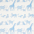 Jungle Jubilee blue wallpaper featuring hand-drawn exotic animals in a playful, mid-sized pattern by Schumacher.