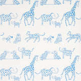 Jungle Jubilee blue wallpaper featuring hand-drawn exotic animals in a playful, mid-sized pattern by Schumacher.