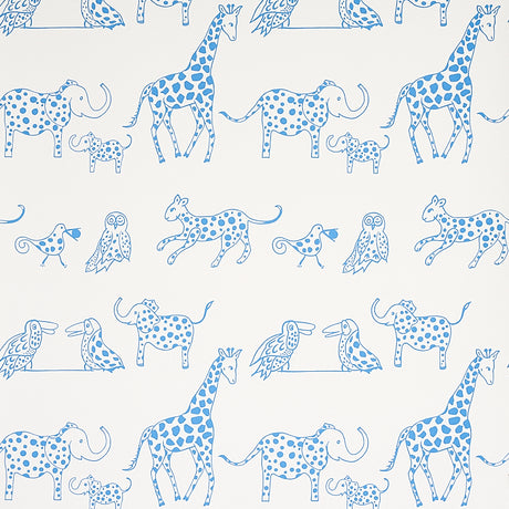 Jungle Jubilee blue wallpaper featuring hand-drawn exotic animals in a playful, mid-sized pattern by Schumacher.