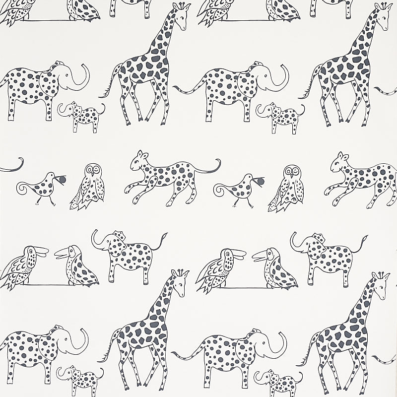 Jungle Jubilee wallpaper in charcoal by Schumacher featuring hand-drawn exotic animals in a playful, mid-sized pattern.