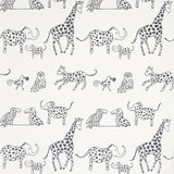 Jungle Jubilee wallpaper in charcoal by Schumacher featuring hand-drawn exotic animals in a playful, mid-sized pattern.