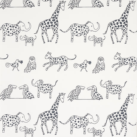 Jungle Jubilee wallpaper in charcoal by Schumacher featuring hand-drawn exotic animals in a playful, mid-sized pattern.