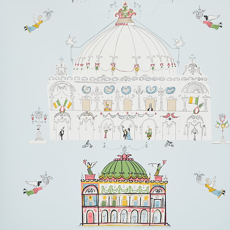 Whimsical illustrated opera house wallpaper in sky blue with colorful details and flying angels, styled in a bedroom setting.