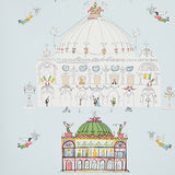 Whimsical illustrated opera house wallpaper in sky blue with colorful details and flying angels, styled in a bedroom setting.