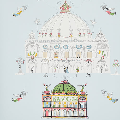 Whimsical illustrated opera house wallpaper in sky blue with colorful details and flying angels, styled in a bedroom setting.