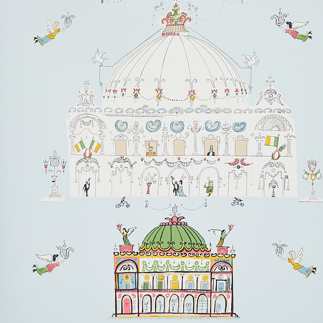 Whimsical illustrated opera house wallpaper in sky blue with colorful details and flying angels, styled in a bedroom setting.