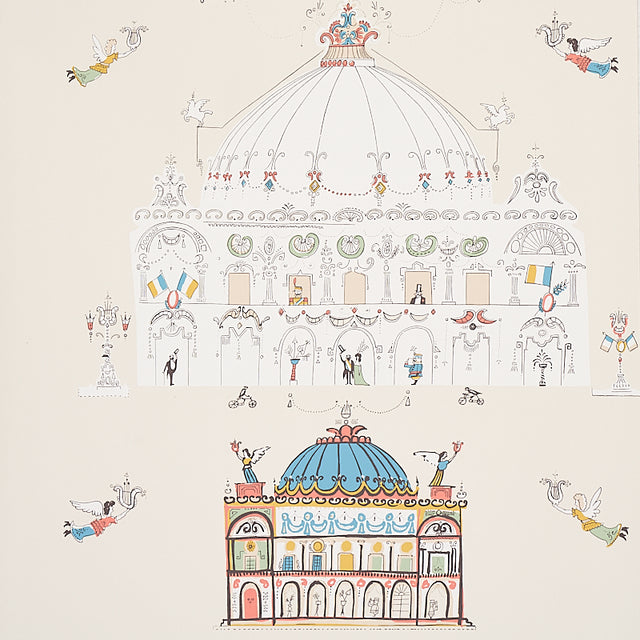 Opera wallpaper in ivory by Schumacher, featuring whimsical illustrated opera houses and playful angels in a light, airy color palette.