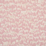 Miniature herds of hand-drawn deer in white on a dusty pink background, Fauna wallpaper by Schumacher, styled in a modern bedroom.