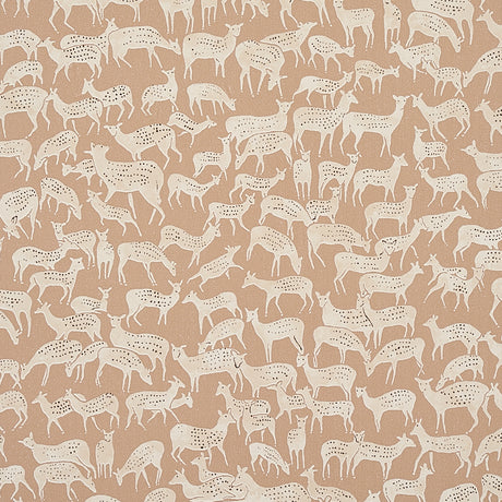 Miniature herds of hand-drawn deer in fawn color on FAUNA wallpaper by Schumacher, Flight of Fancy collection.