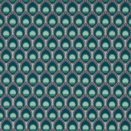 Dawnridge Sage by Cristina Buckley for Schumacher, geometric peacock feather-inspired wallpaper in green and teal tones, shown in a styled interior and close-up views.