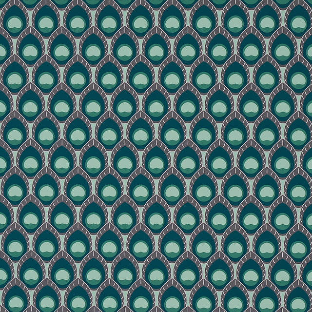 Dawnridge Sage by Cristina Buckley for Schumacher, geometric peacock feather-inspired wallpaper in green and teal tones, shown in a styled interior and close-up views.