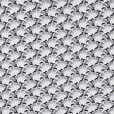 GOTHAM SWING wallpaper in charcoal by Schumacher, featuring an Art Deco-inspired fan pattern in shades of grey and black.