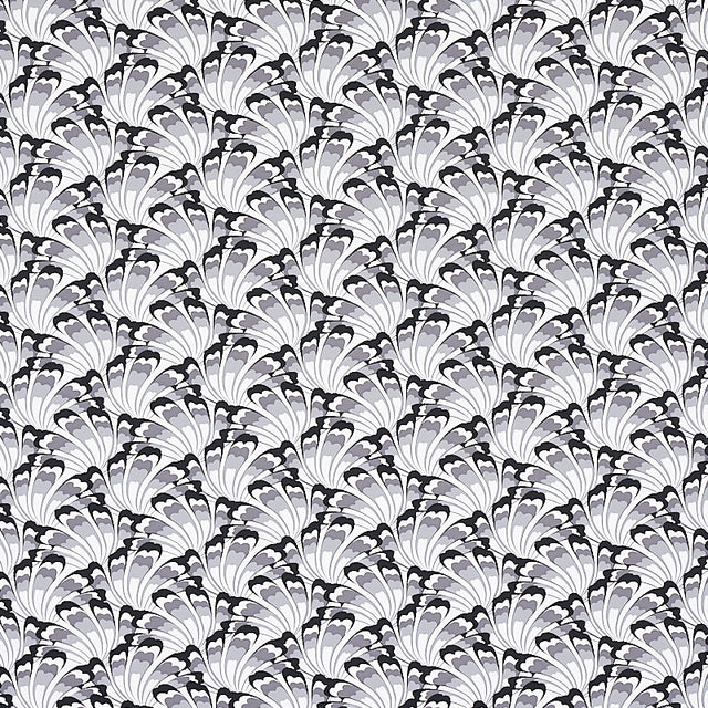 GOTHAM SWING wallpaper in charcoal by Schumacher, featuring an Art Deco-inspired fan pattern in shades of grey and black.