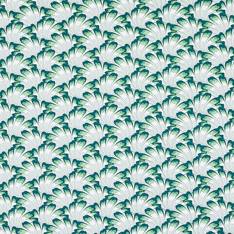 GOTHAM SWING wallpaper in Sage by Schumacher, featuring an Art Deco-inspired fan pattern in green and white tones, shown in detail and installed in a modern interior.