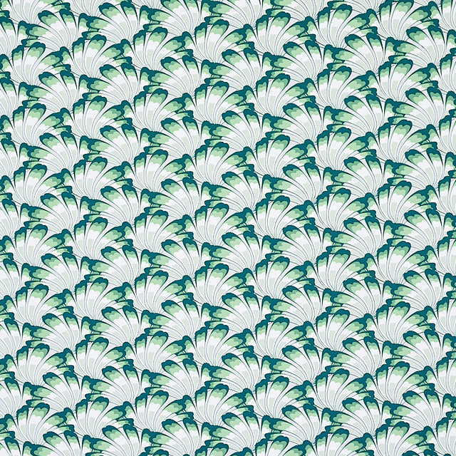 GOTHAM SWING wallpaper in Sage by Schumacher, featuring an Art Deco-inspired fan pattern in green and white tones, shown in detail and installed in a modern interior.