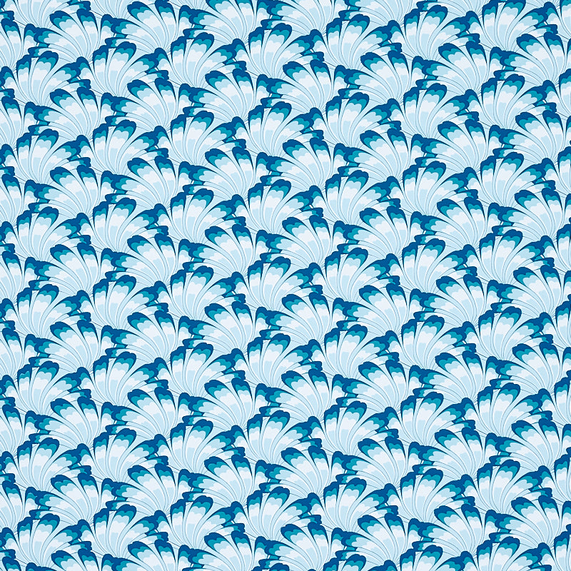 GOTHAM SWING wallpaper in Royal blue by Schumacher, featuring an Art Deco inspired fan pattern in a modern kitchen setting.
