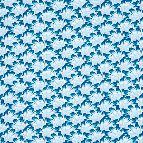 GOTHAM SWING wallpaper in Royal blue by Schumacher, featuring an Art Deco inspired fan pattern in a modern kitchen setting.