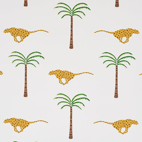 A Wild Desert Dream wallpaper in Safari by Schumacher featuring cheetahs and palm trees on a white background.