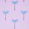 A Wild Desert Dream wallpaper in orchid by Schumacher, featuring playful cheetahs and palm trees on a lavender background.