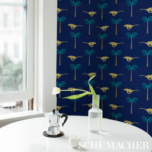 A Wild Desert Dream Midnight by Schumacher Playful Cheetah and Palm Tree Wallpaper – 5012542