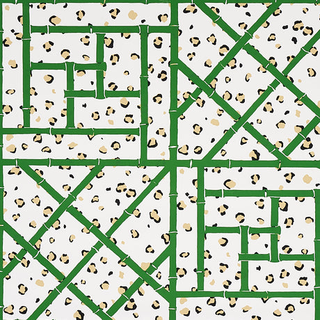 Fancy Beast wallpaper in Safari Green/Ivory by Cristina Buckley for Schumacher, featuring a chic leopard spot and trellis motif.