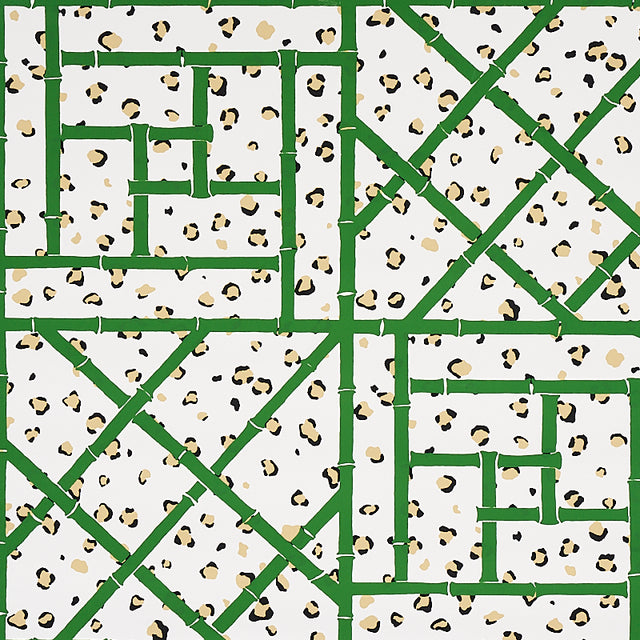 Fancy Beast wallpaper in Safari Green/Ivory by Cristina Buckley for Schumacher, featuring a chic leopard spot and trellis motif.