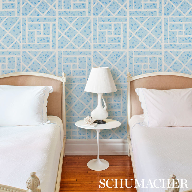 Fancy Beast Sky Blue by Cristina Buckley Hollywood Regency Leopard Trellis Wallpaper – Schumacher 5012562
