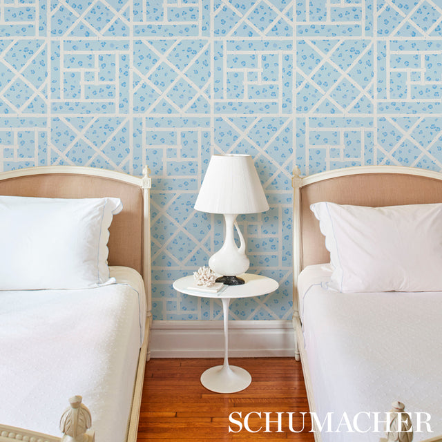 Fancy Beast Sky Blue by Cristina Buckley Hollywood Regency Leopard Trellis Wallpaper – Schumacher 5012562
