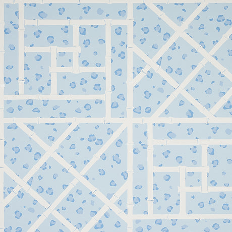Fancy Beast wallpaper in sky blue by Cristina Buckley for Schumacher, featuring a chic leopard spot and trellis motif.