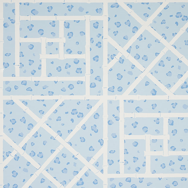 Fancy Beast wallpaper in sky blue by Cristina Buckley for Schumacher, featuring a chic leopard spot and trellis motif.
