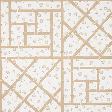 Fancy Beast Sand by Cristina Buckley for Schumacher. Hollywood Regency inspired wallpaper with a sand and ivory leopard spot and trellis motif.