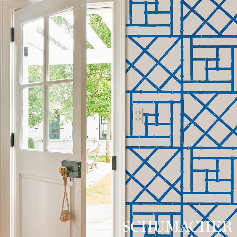 Trellis Indigo by Cristina Buckley Bamboo Fretwork Geometric Wallpaper – Schumacher 5012570