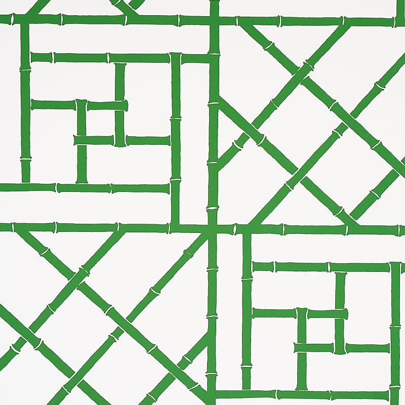 Safari green bamboo trellis pattern wallpaper by Schumacher, designed by Cristina Buckley, shown in a bright entryway.