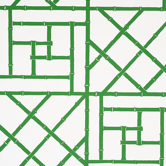 Safari green bamboo trellis pattern wallpaper by Schumacher, designed by Cristina Buckley, shown in a bright entryway.