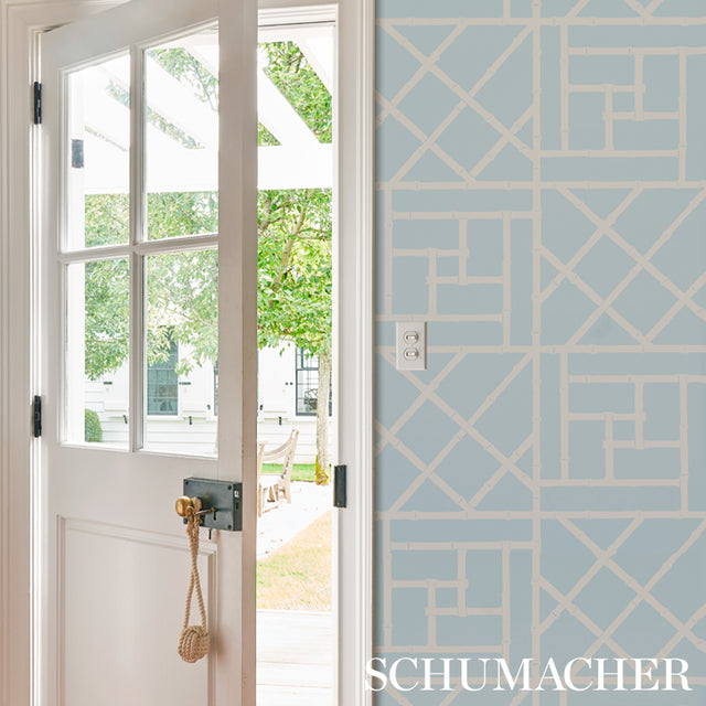 Trellis Sky Blue by Cristina Buckley Glamorous Bamboo Fretwork Wallpaper – Schumacher 5012573