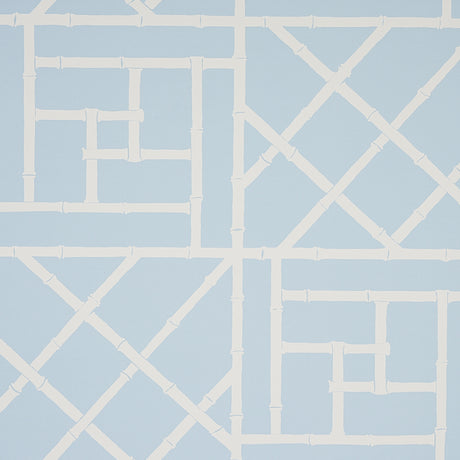 Trellis Sky Blue wallpaper by Cristina Buckley for Schumacher, featuring a bamboo fretwork geometric pattern in light blue and white.