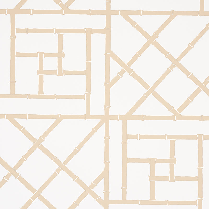Trellis Sand by Cristina Buckley for Schumacher - geometric bamboo fretwork wallpaper in beige and white