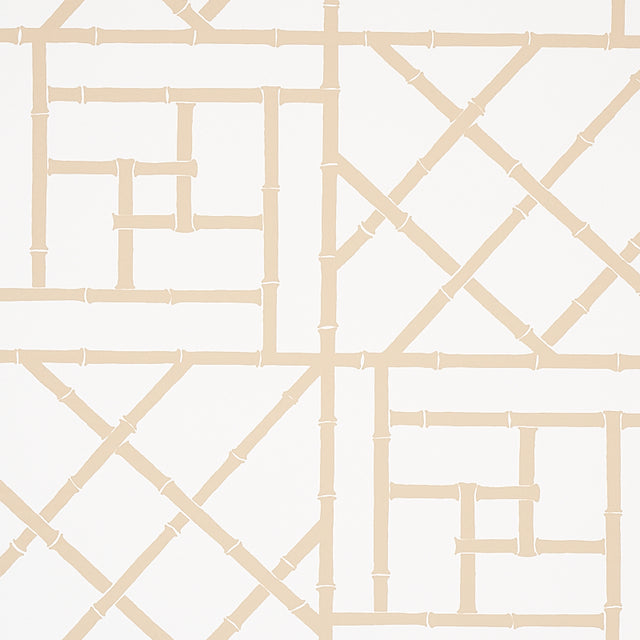 Trellis Sand by Cristina Buckley for Schumacher - geometric bamboo fretwork wallpaper in beige and white