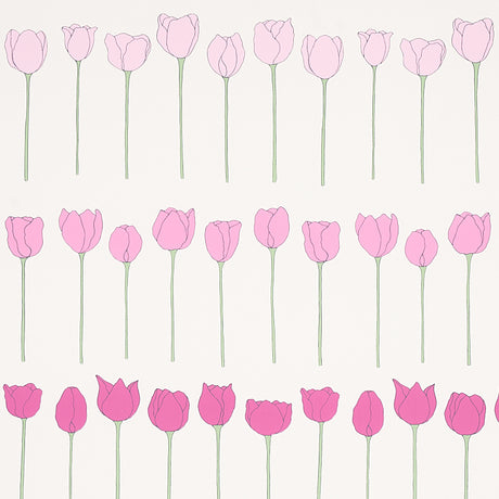 Edie wallpaper in Pink Ladies by Cristina Buckley for Schumacher, featuring rows of stylized pink flowers on a light background.