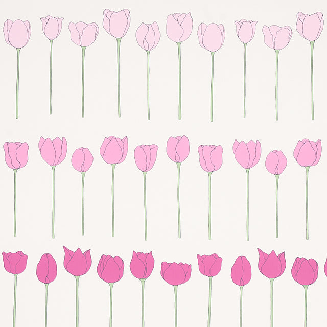 Edie wallpaper in Pink Ladies by Cristina Buckley for Schumacher, featuring rows of stylized pink flowers on a light background.