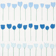 Edie wallpaper in Blue Parrot by Cristina Buckley for Schumacher, featuring rows of stylized blue tulip flowers on a white background.