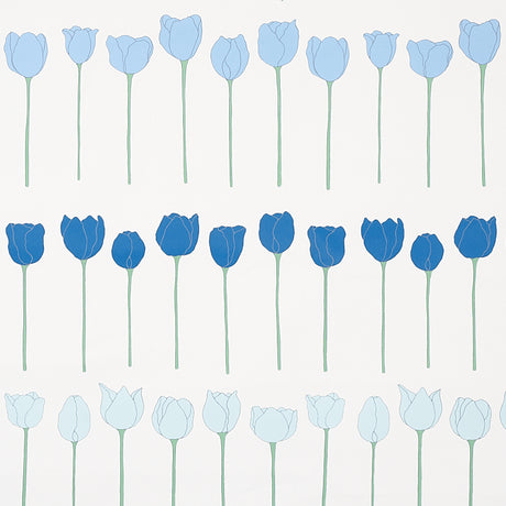 Edie wallpaper in Blue Parrot by Cristina Buckley for Schumacher, featuring rows of stylized blue tulip flowers on a white background.