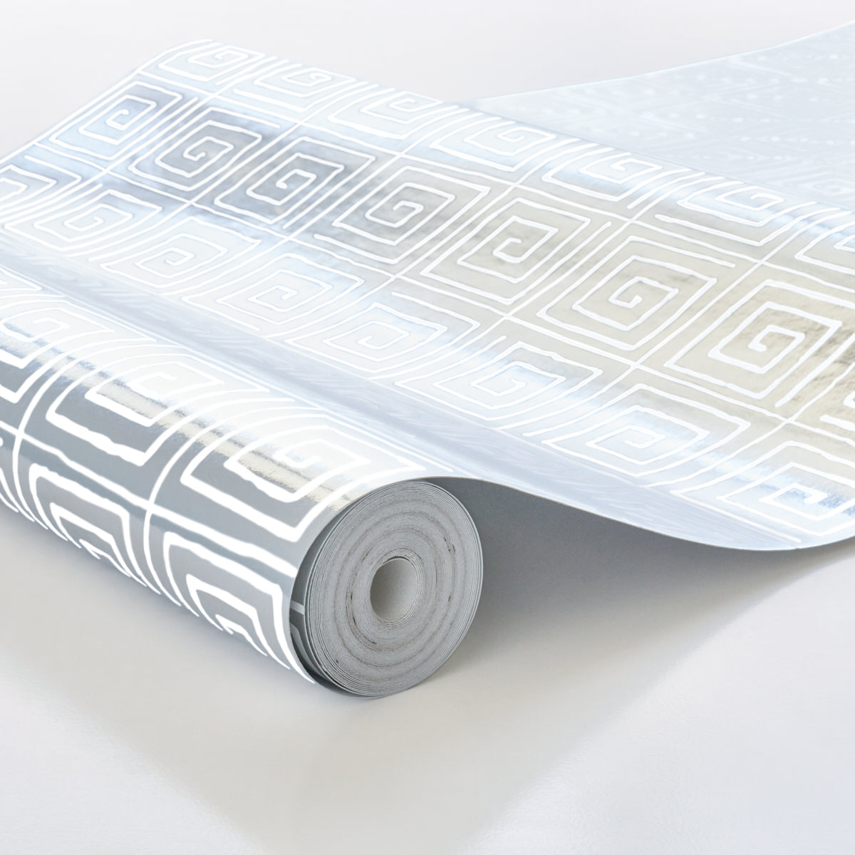 Trousdale Metallic Platinum Blanc by Cristina Buckley Greek Key Wallpaper – Schumacher 5012590