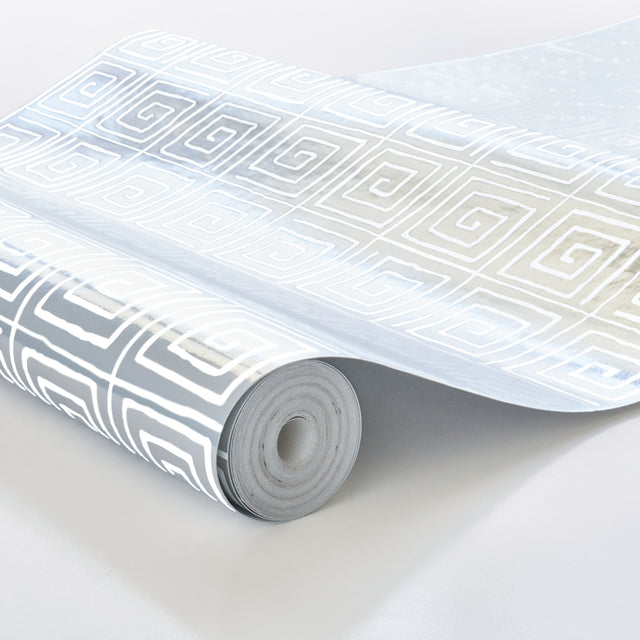 Trousdale Metallic Platinum Blanc by Cristina Buckley Greek Key Wallpaper – Schumacher 5012590
