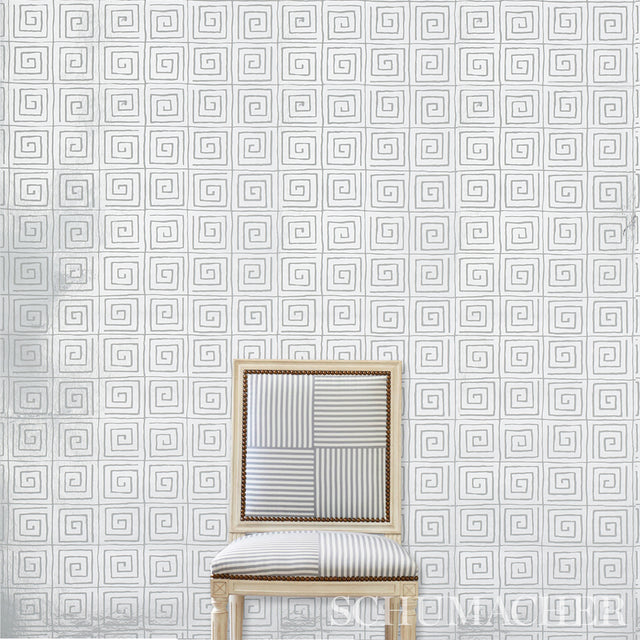 Trousdale Metallic Platinum Blanc by Cristina Buckley Greek Key Wallpaper – Schumacher 5012590
