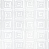 Trousdale Metallic wallpaper in Platinum Blanc by Cristina Buckley for Schumacher, featuring a Greek key pattern with a shiny mylar finish.
