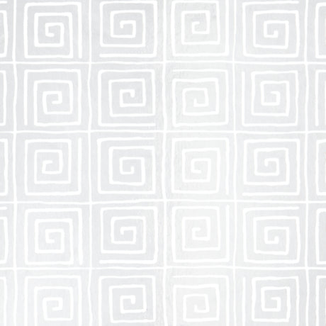 Trousdale Metallic wallpaper in Platinum Blanc by Cristina Buckley for Schumacher, featuring a Greek key pattern with a shiny mylar finish.