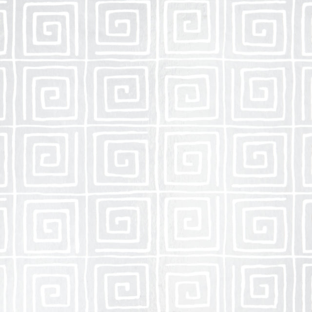 Trousdale Metallic wallpaper in Platinum Blanc by Cristina Buckley for Schumacher, featuring a Greek key pattern with a shiny mylar finish.