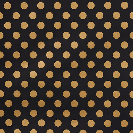 Lady wallpaper by Cristina Buckley for Schumacher in black and gold polka dot pattern, shown in room and close-up views.