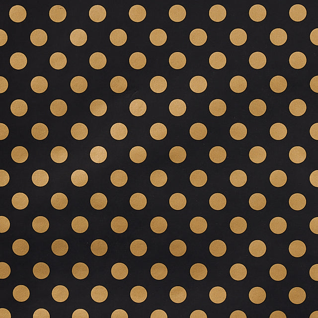 Lady wallpaper by Cristina Buckley for Schumacher in black and gold polka dot pattern, shown in room and close-up views.